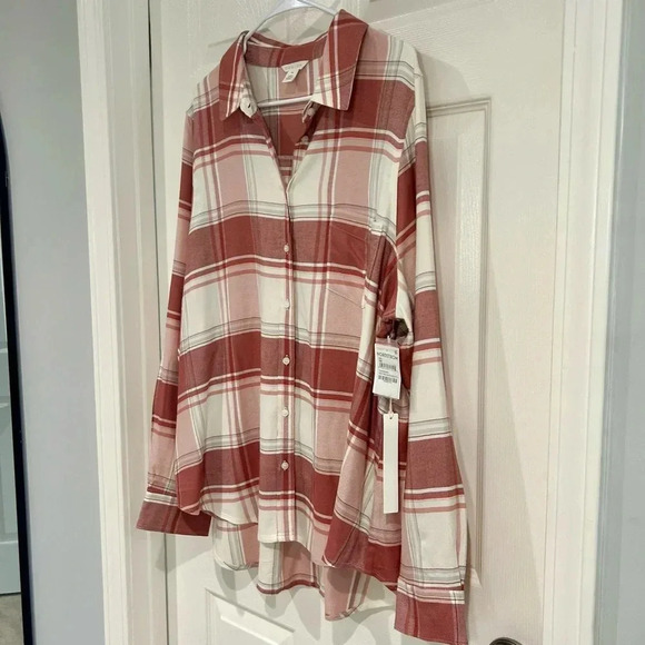 Caslon Soft Flannel Plaid Long Sleeve Button Up Shirt Women XXL Pink Cream NWT - Picture 3 of 12